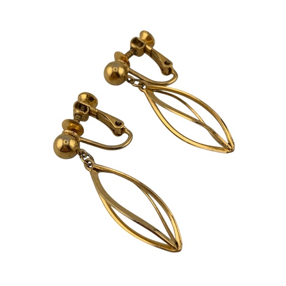NAPIER Gold Plate Twisted Cage Dangle Drop Screw back earrings VTG 1980's 1-1/2" - Picture 2 of 8